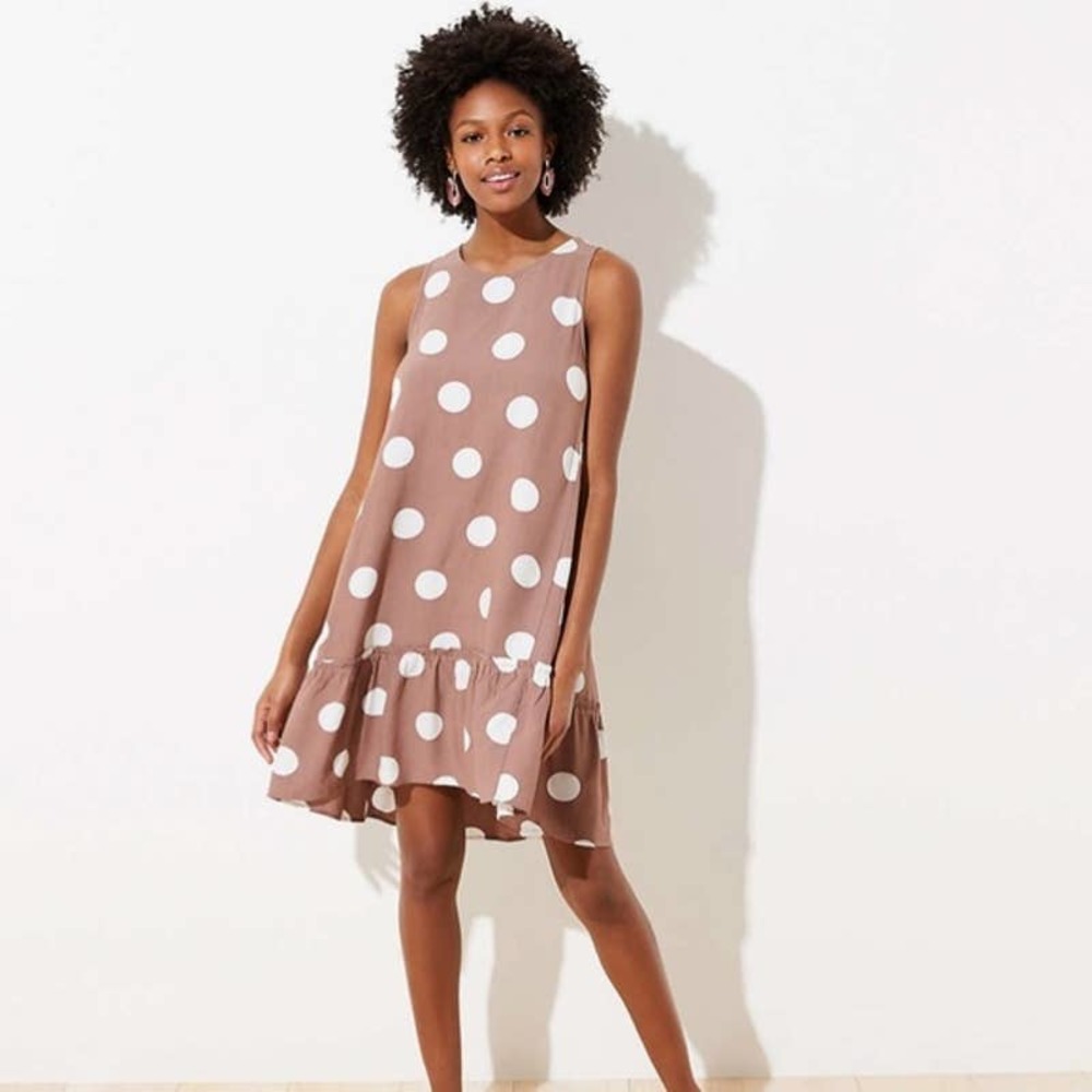 LOFT Brown Polka Dot Dress Drop Waist XS